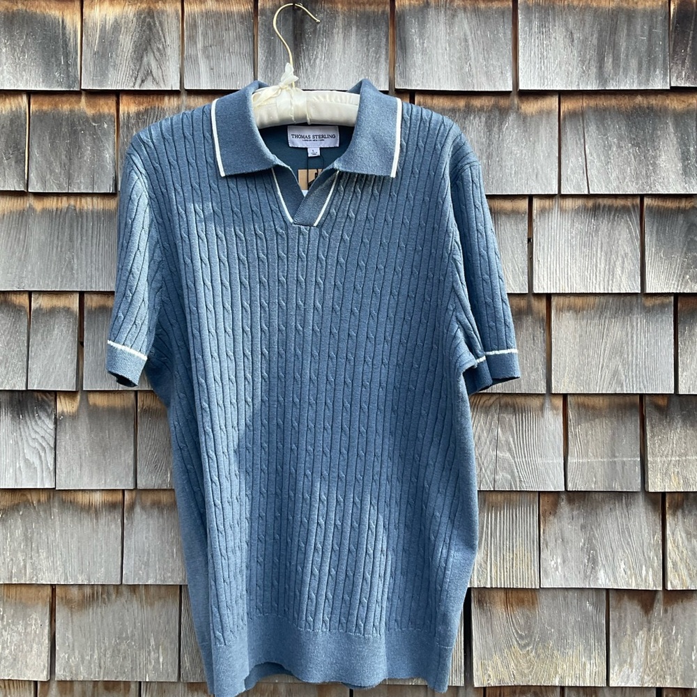 Thomas Sterling Blue Cable Knit Polo